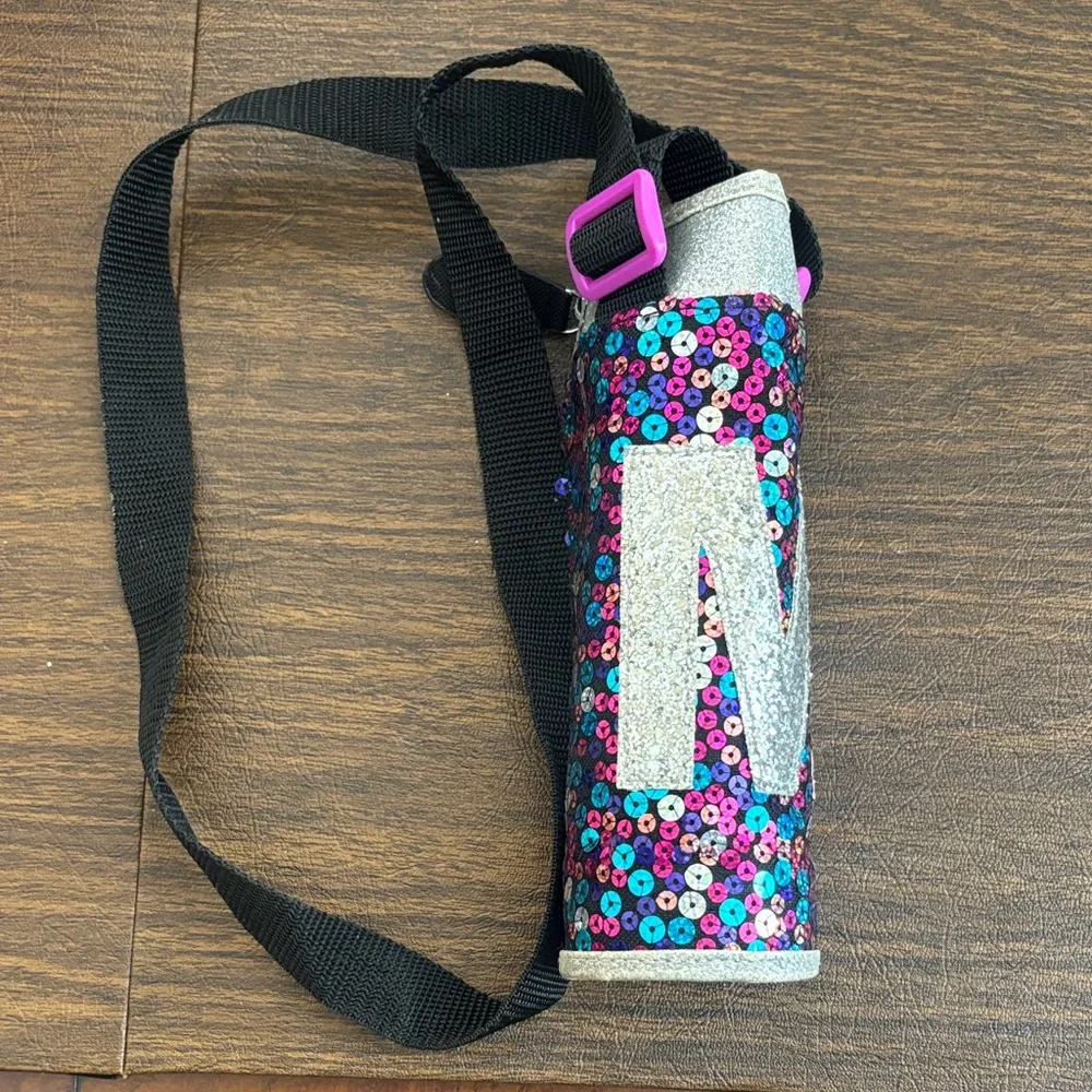 Justice Sequins Insulated Water Bottle Holder Strap Letter M NEW